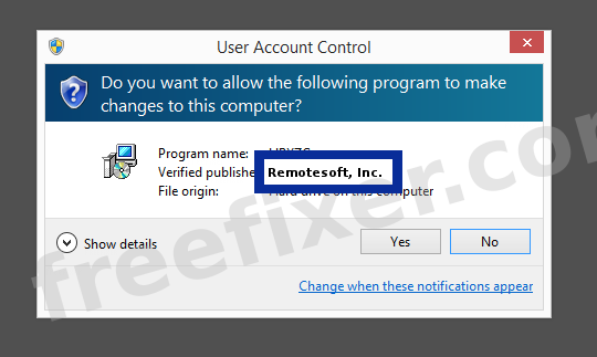 Screenshot where Remotesoft, Inc. appears as the verified publisher in the UAC dialog
